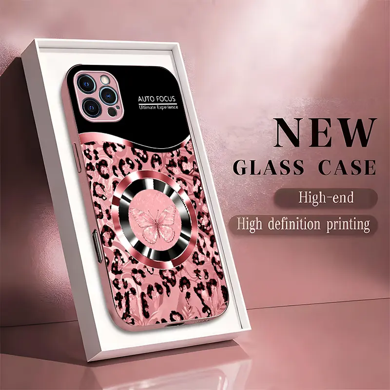 For【iPhone 12 Pro Max】Pink Leopard Print Luxury Tempered Glass MagSafe Compatible iPhone Case Shockproof Drop Protection Large Metal Camera Cutout Girly Aesthetic Phone Cover----9435