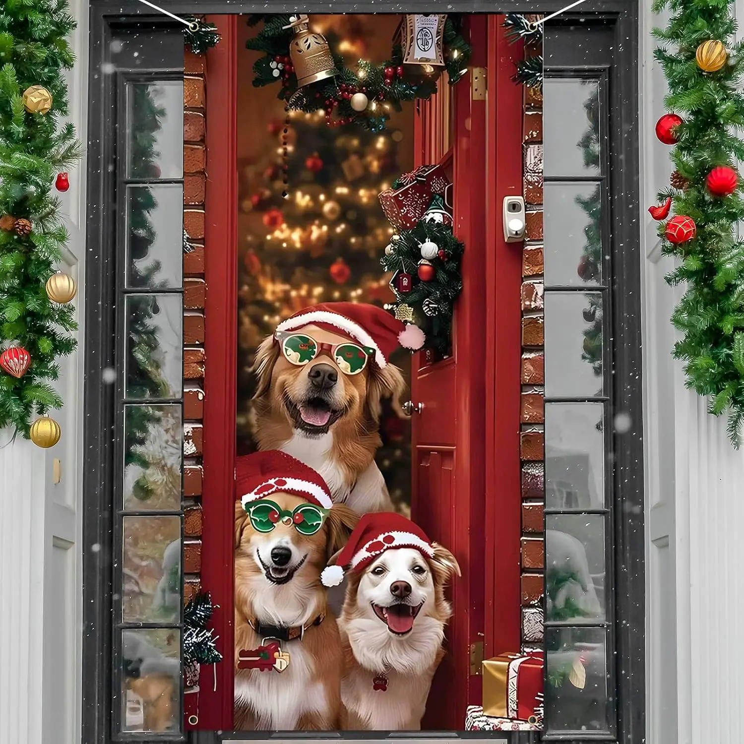 Christmas Door Cover Cute Santa Dogs Front Door Covers Decoration 71x36 Inch, Merry Christmas Banner for Holiday Parties, Winter Xmas Decor with Fabric,  Backdrop for  & Office