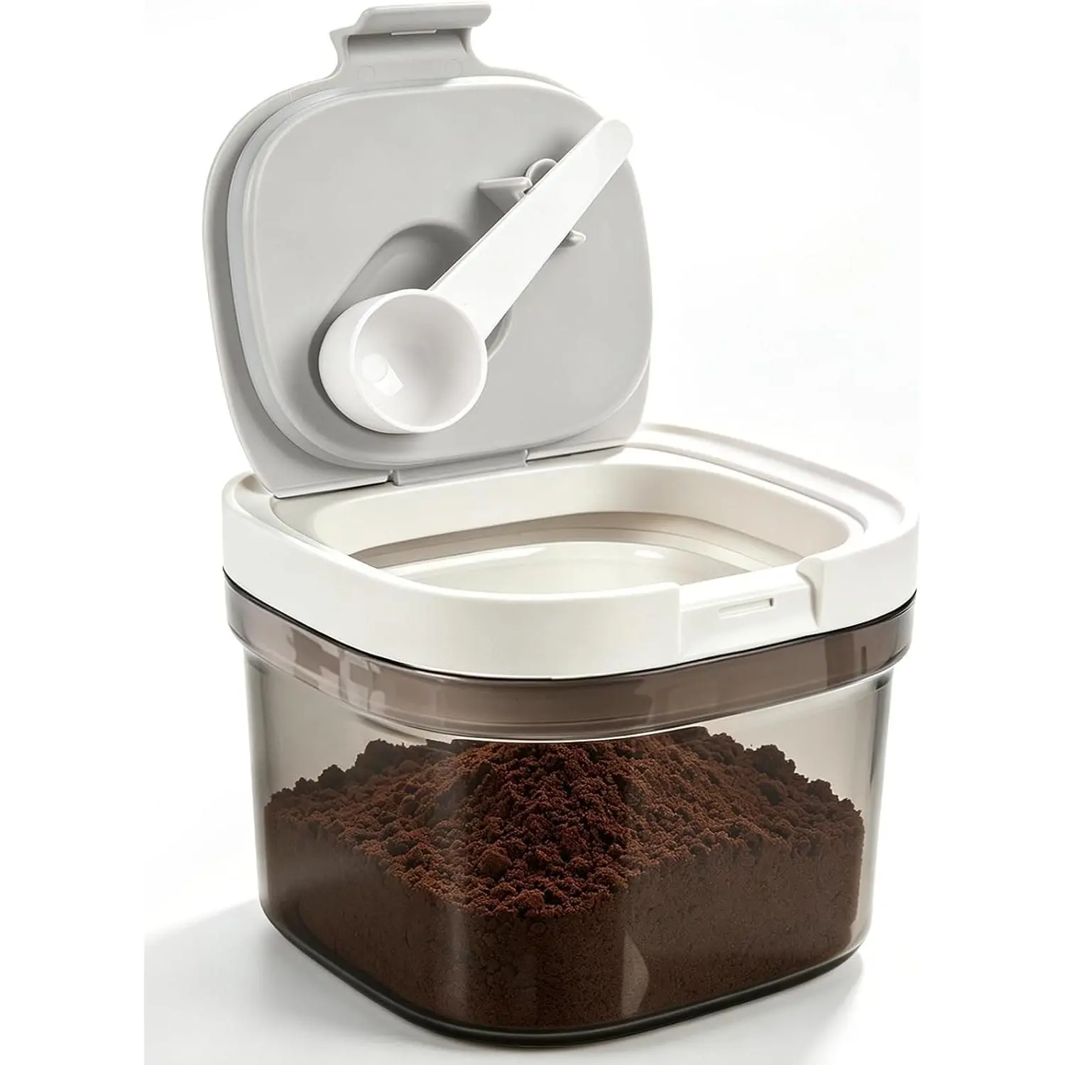 Airtight Coffee Canister with Magnetic Spoon, 0.8L BPA-Free Plastic Coffee Container for Ground Coffee & Beans, Dual Seal Locking Lid, Dark Brown Pantry Storage Jar