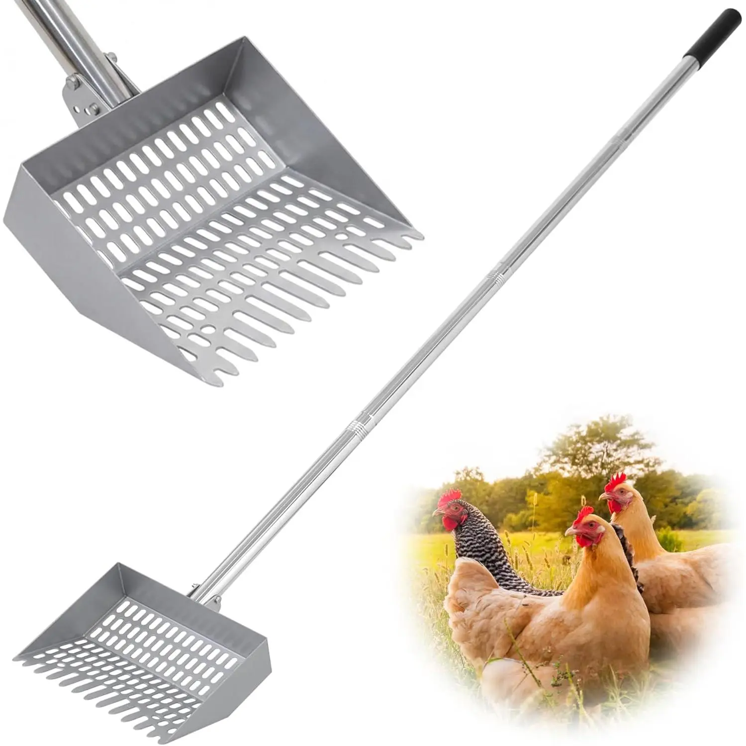 Spring Steel Sifting Shovel with 3 Adjustable Angle, 38-66in Extendable Stainless Steel Handle, Professional Animal Bedding Cleaning Tool for Coop, Duck, Goat & Sand