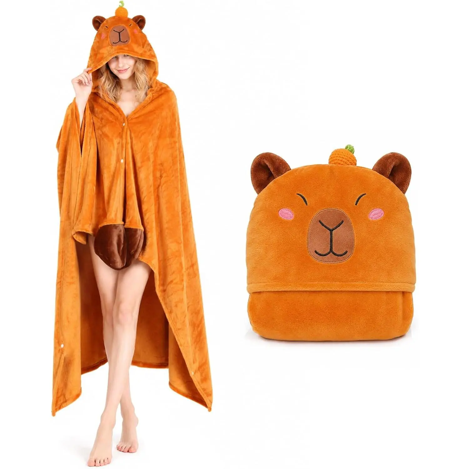 Capybara Wearable Blanket Hoodie,Capybara  Warm Flannel Blanket with Sleeves Blanket Hoodie  for Adult  Travel (Brown Capybara)
