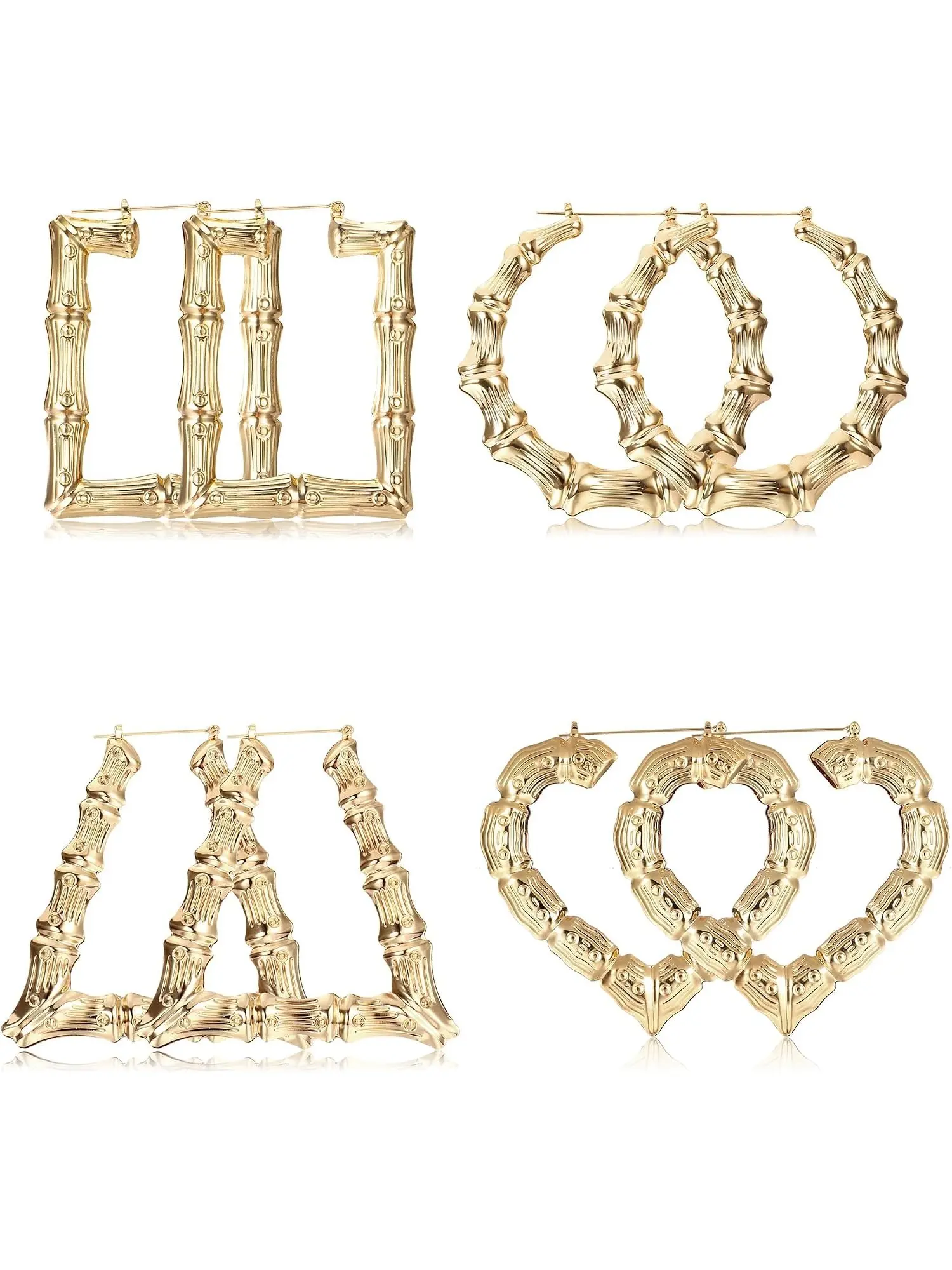 Women’s Large Bamboo Hoop Earrings, Oversized Gold Heart Chunky Bamboo Hoops, Vintage 80s 90s Y2K Hip Hop Chola Personalized Statement Earrings