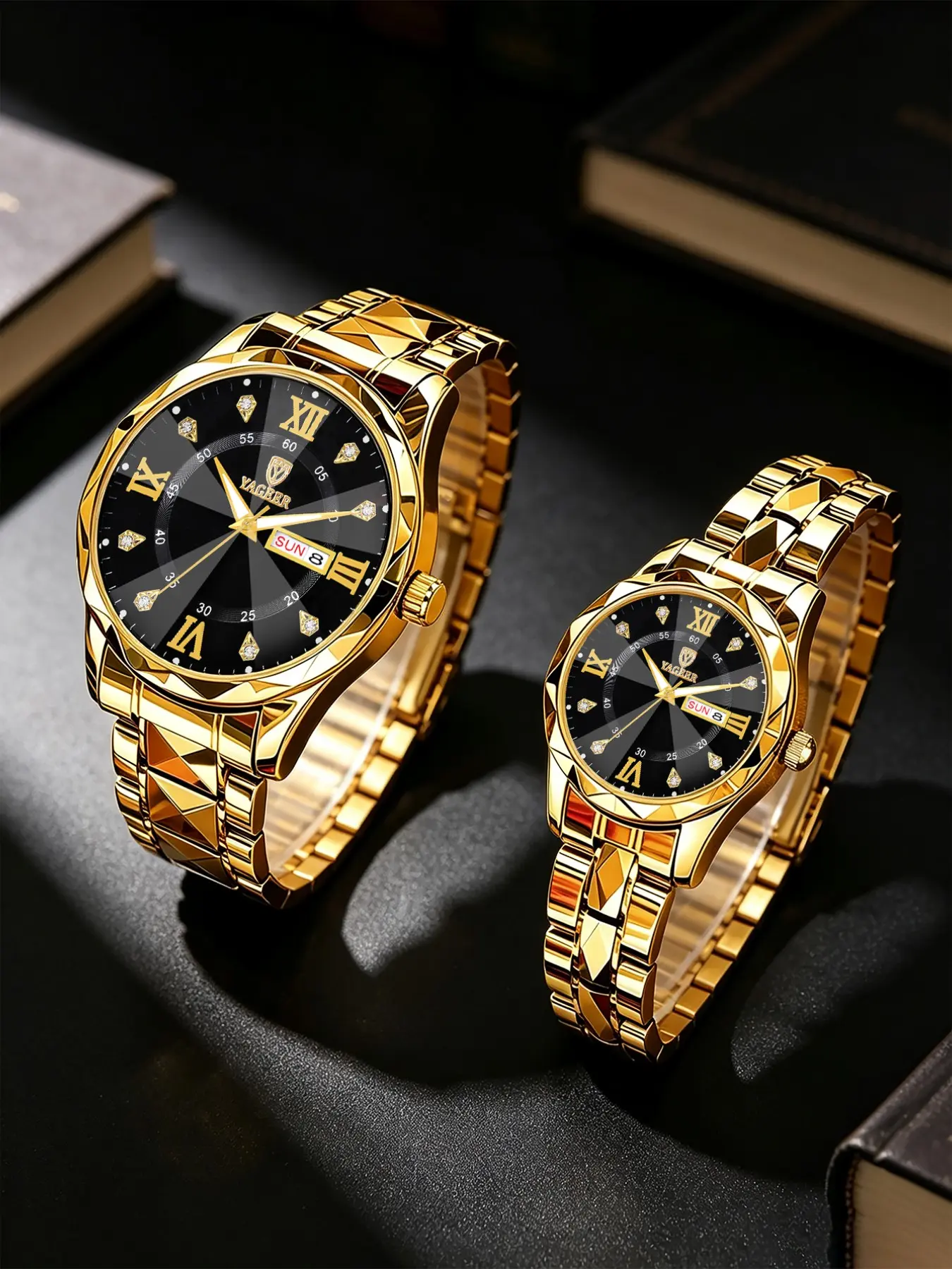 Couple Watches Set, Stainless Steel, Dual Calendar, Rhinestone Design, Casual Style, Perfect Gift for Holidays