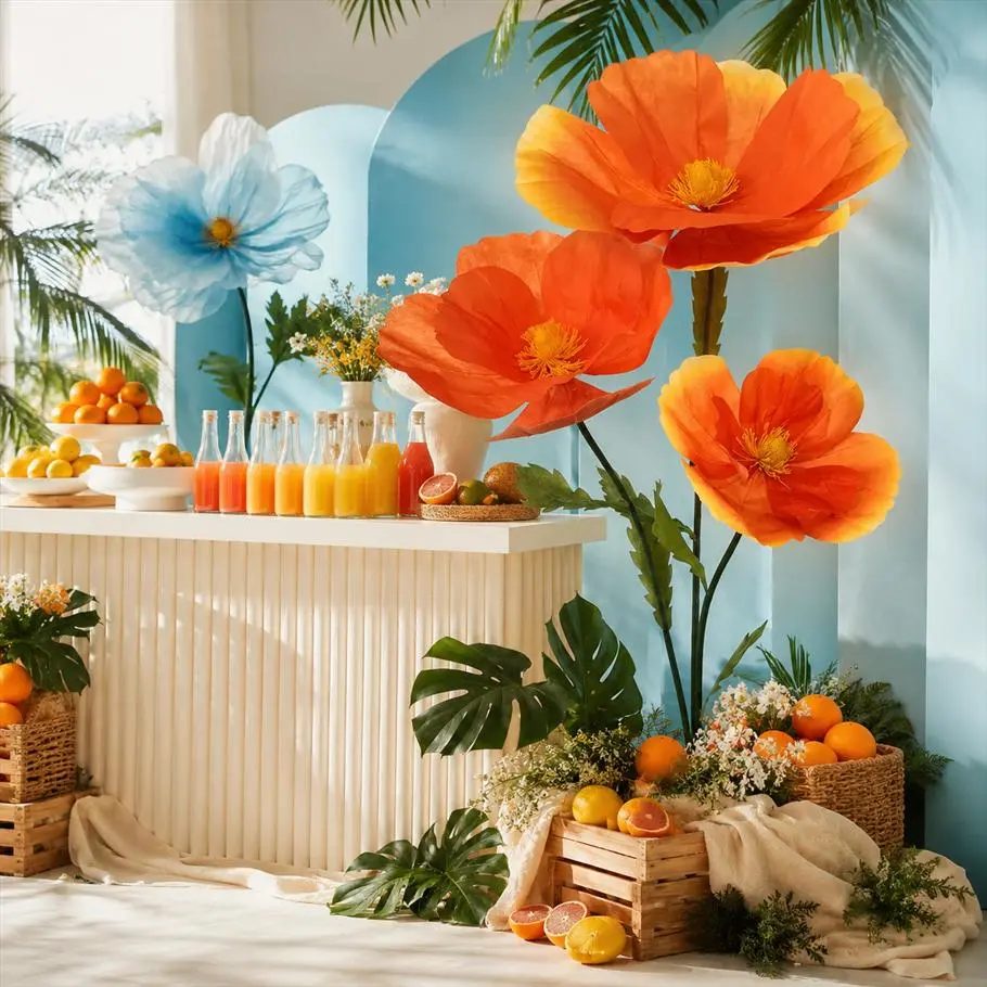 5.6 FT Giant Paper Poppy Flowers Set of 3, Oversized Standing Wedding Backdrop Decor for Parties, Photo Booths and Store Displays