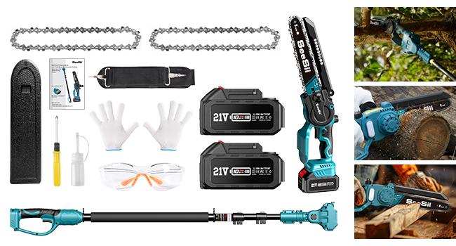 SeeSii 2 in 1 Cordless 8 inch Pole Saw & Mini Chainsaw with 2 Battery, Power Electric Polesaw for Tree Trimming, Chain Saw with Extension Pole, Limb Branch Cutter Pruner CH800C