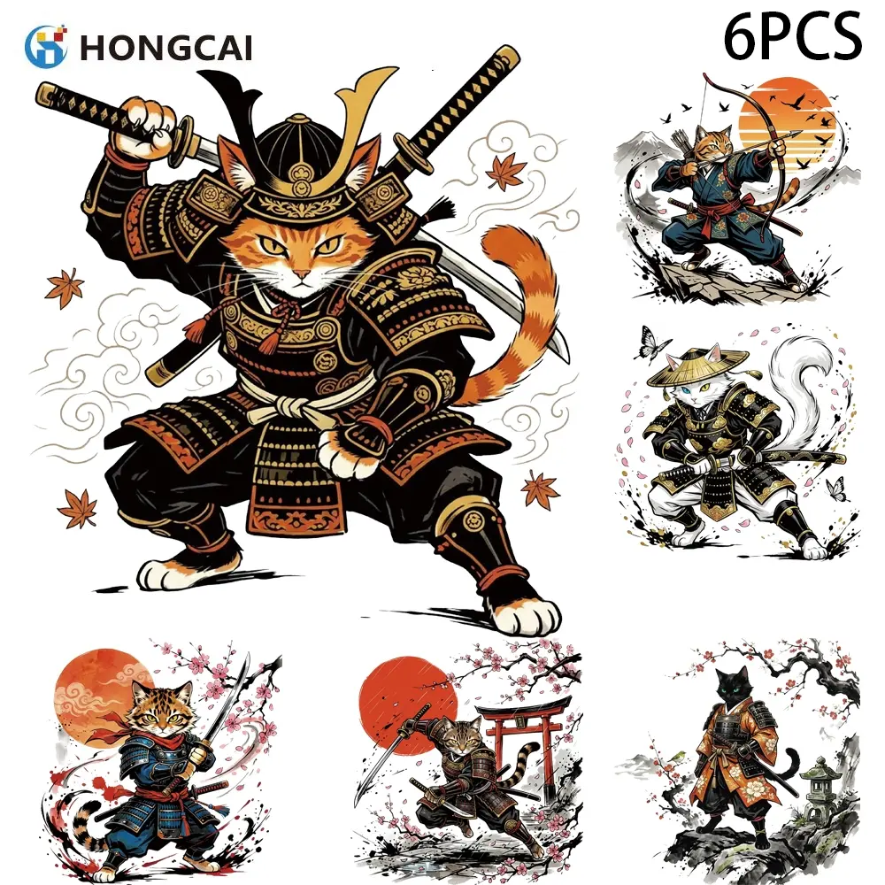 6pcs Samurai Cat Heat Transfer Stickers, Japanese Warrior Style Iron On Patches for Hoodies Canvas Bags DIY Decoration, Washable DTF Transfers Ready to Press