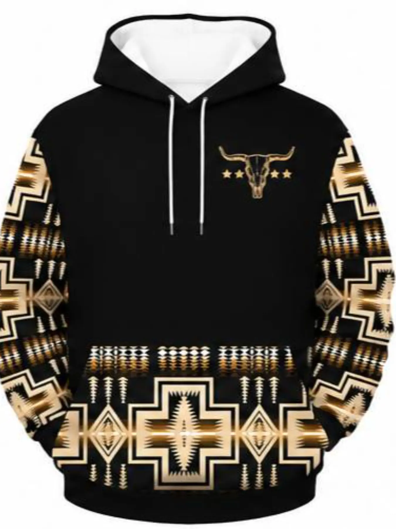 Western Style Bull Skull Navajo Geometric Print Hoodie for Men, Vintage Ethnic American Casual Sweatshirt, Retro Native Wind Design