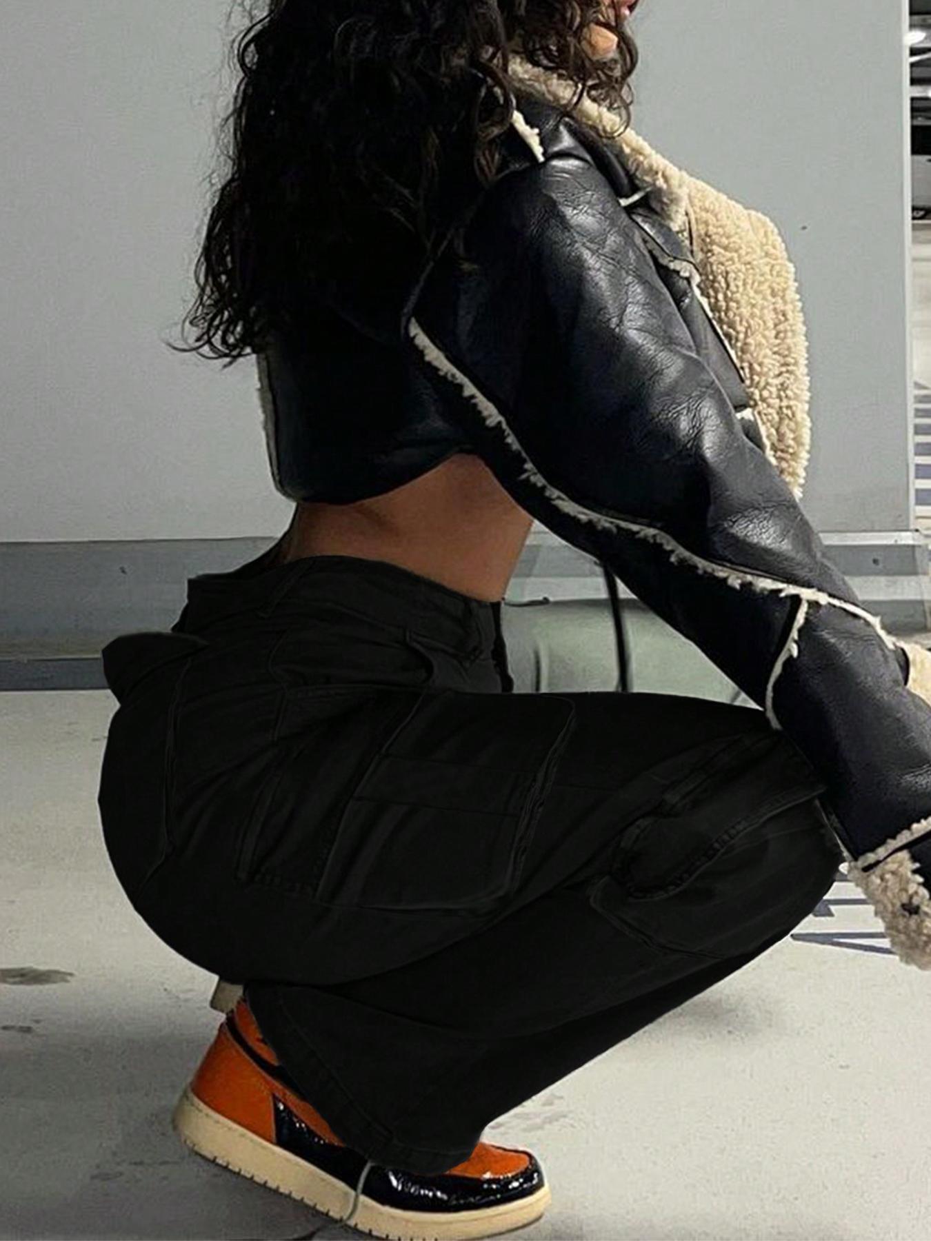 Women's Plain High-Waisted Cargo Pants with Pockets and Drawstring, Fashion Y2K K-Pop Style Streetwear Trousers for Daily Wear, Ladies' Baggy Pants for Fall & Winter