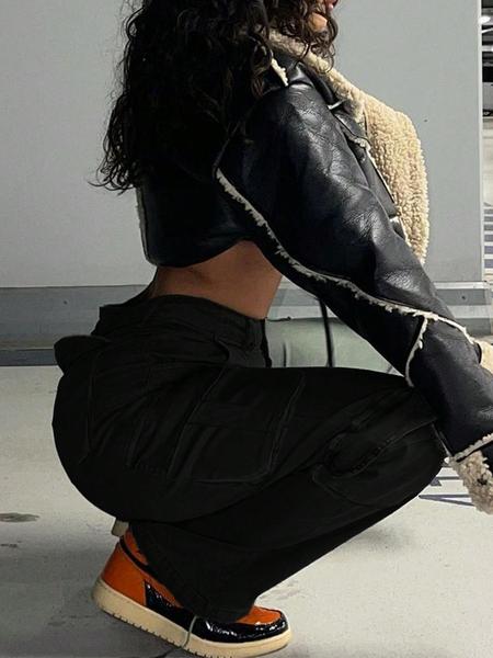 Women's Plain High-Waisted Cargo Pants with Pockets and Drawstring, Fashion Y2K K-Pop Style Streetwear Trousers for Daily Wear, Ladies' Baggy Pants for Fall & Winter