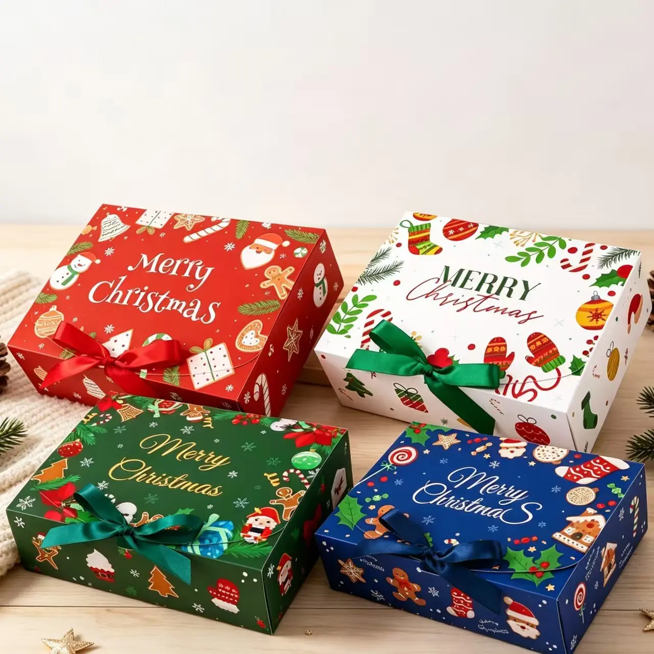 12Pcs Christmas Gift Boxes with Ribbons 10.6"x7.9"x3.1", Thickened Cardboard Holiday Present Boxes in 4 Cartoon Designs, Foldable Cookie Candy Wrapping Boxes for Christmas Eve Party