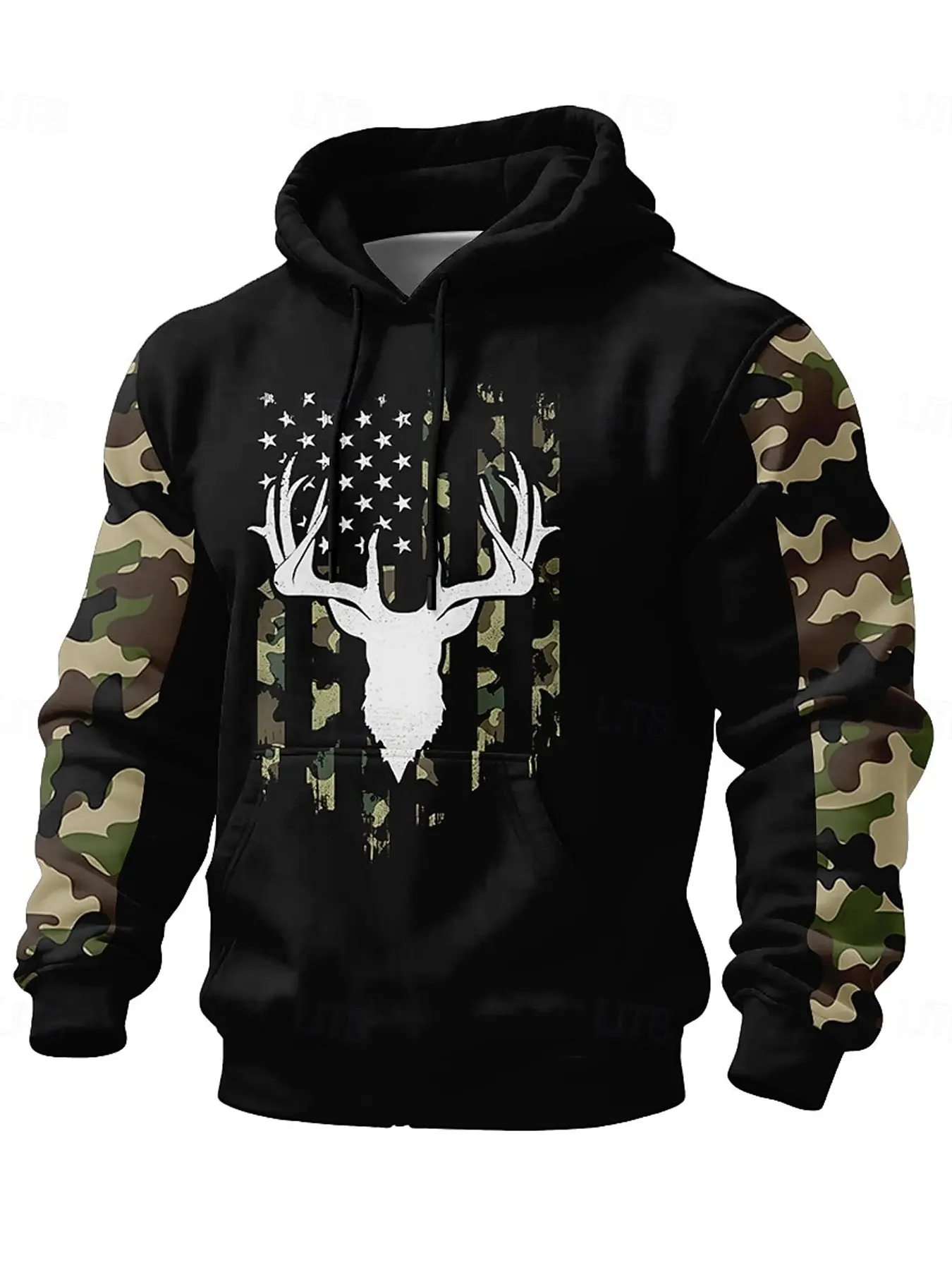 Men's Hooded Pullover Sweatshirt with Camouflage Patchwork, Deer Head, and Distressed US Stars and Stripes Print, Graphic Hoodie Sweatshirt