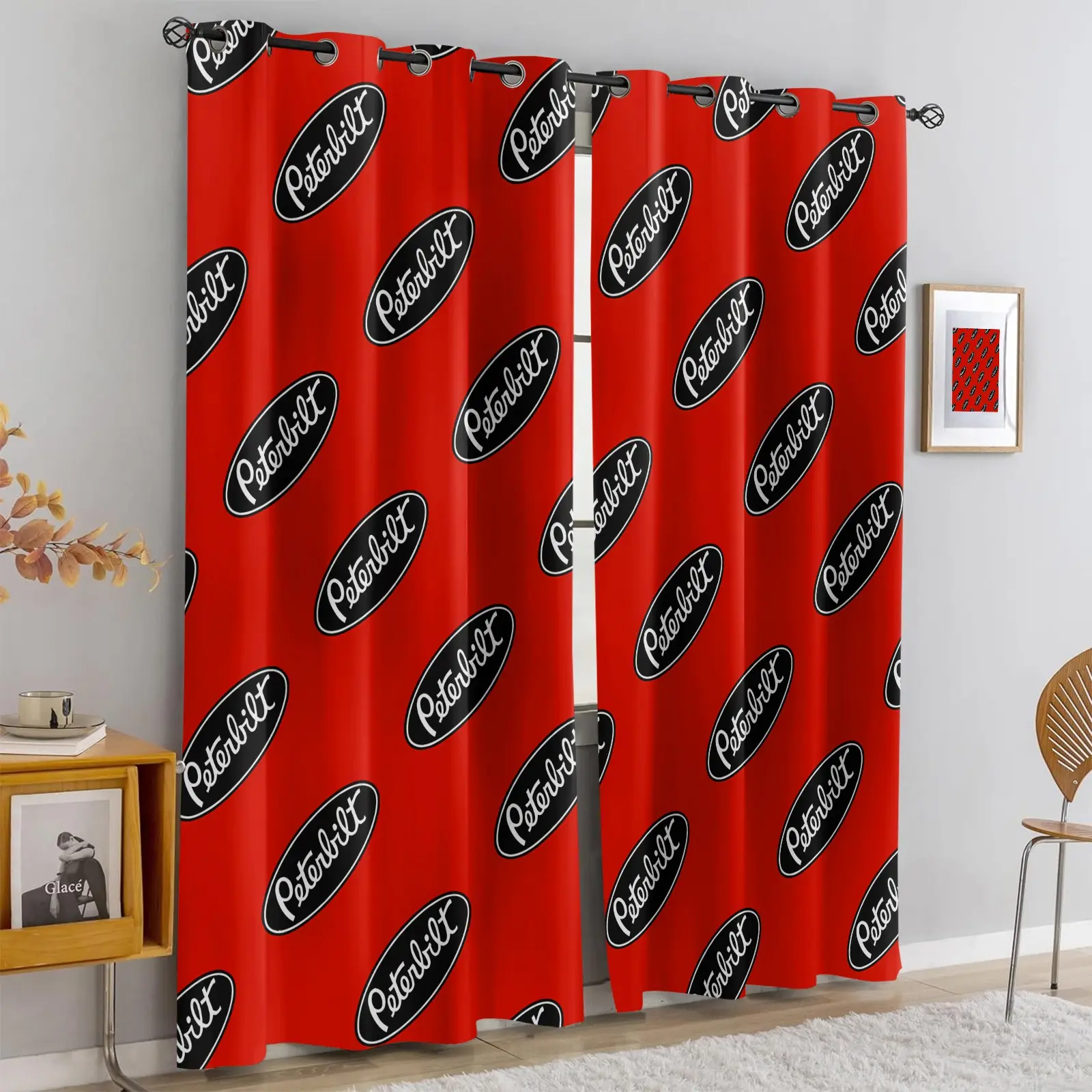 Truck Driver Themed Blackout Curtains, Red Background Repeating Oval Truck Emblem Print Grommet Thermal Window Curtains, Triple Weave Room Darkening Drapes for Truck Fan Garage Man Cave Industrial Decor