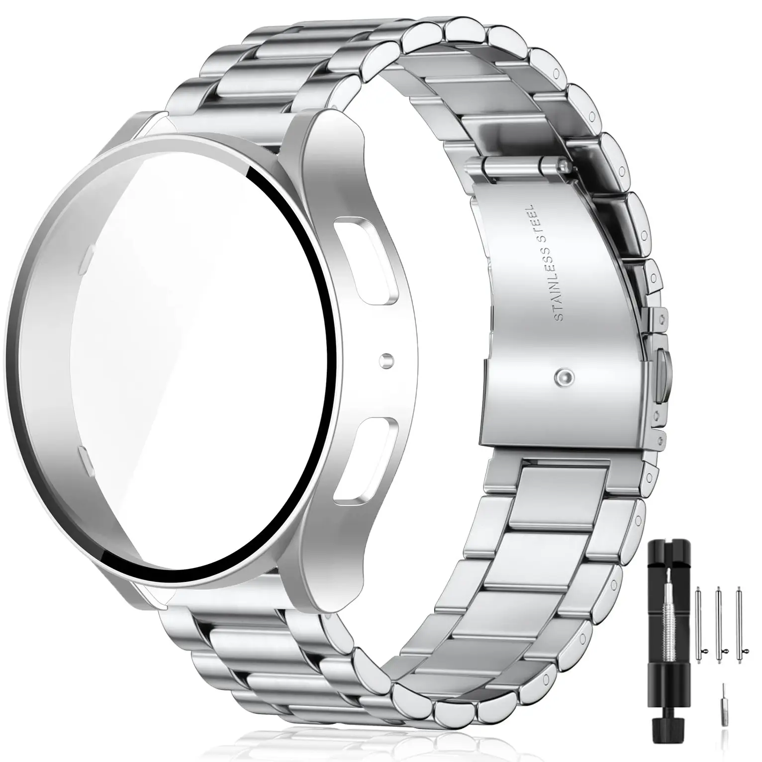 Stainless Steel Watch Band And Protective Case for Samsung Galaxy Watch 9 8 7 FE 6 5 4 (44mm/40mm), Replacement Metal Watch Band Strap+Scratch-Resistant Protective Tempered Glass Case Combo, Ideal Gift for Couples