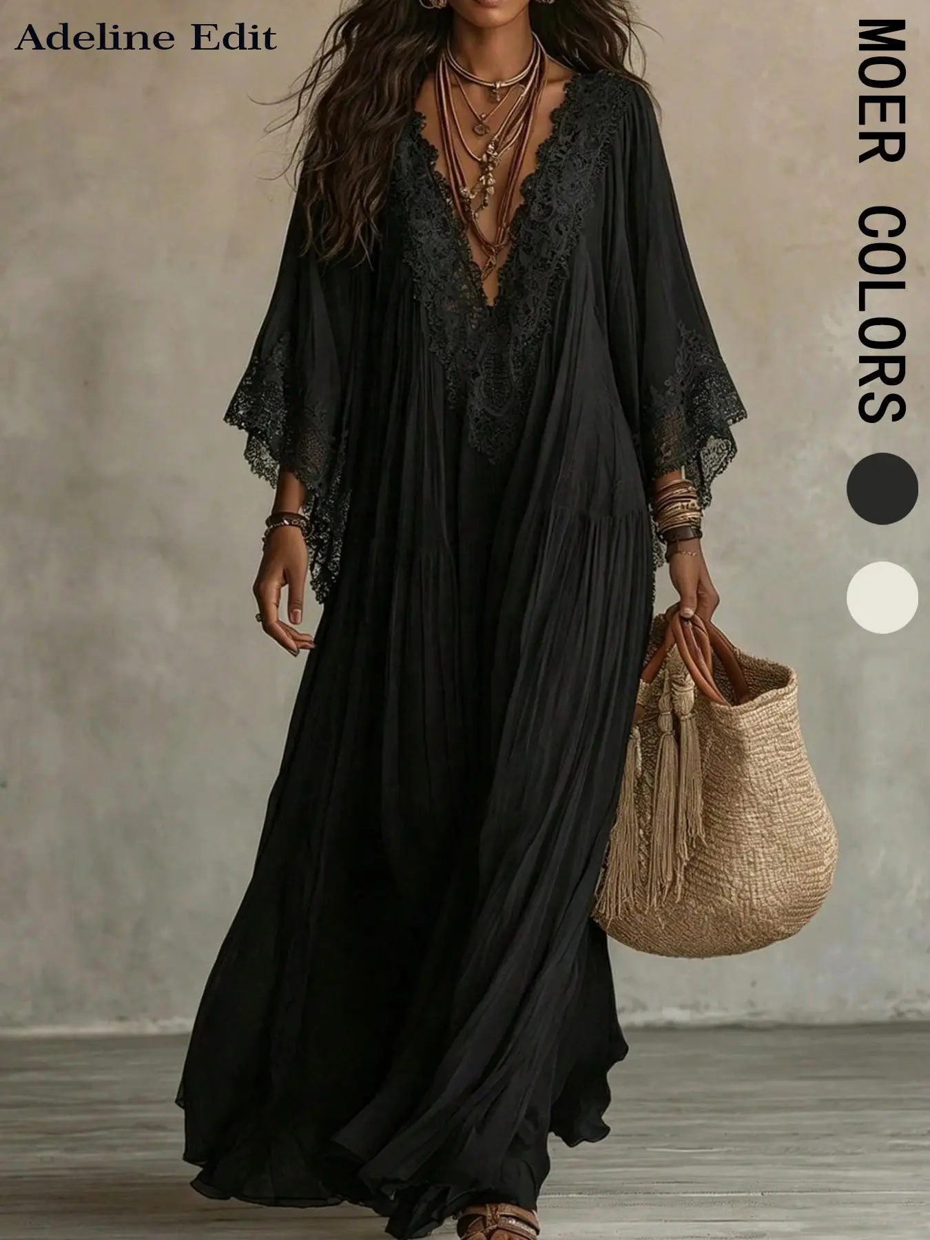 Poshia Fairy Style Lace V-Neck Kimono Sleeve Layered Long Dress, Flowy Pleated Chiffon Beach Cover-Up, Vacation Wear