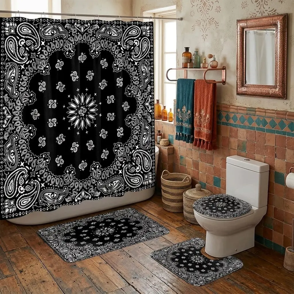 4pcs Black and white classic paisley headscarf pattern shower curtain set, retro mandala ethnic floral printed bathroom set with toilet lid cover and matching bath mat, the bath mat fabric is thicker and softer! Stylish Boho-style bathroom decor