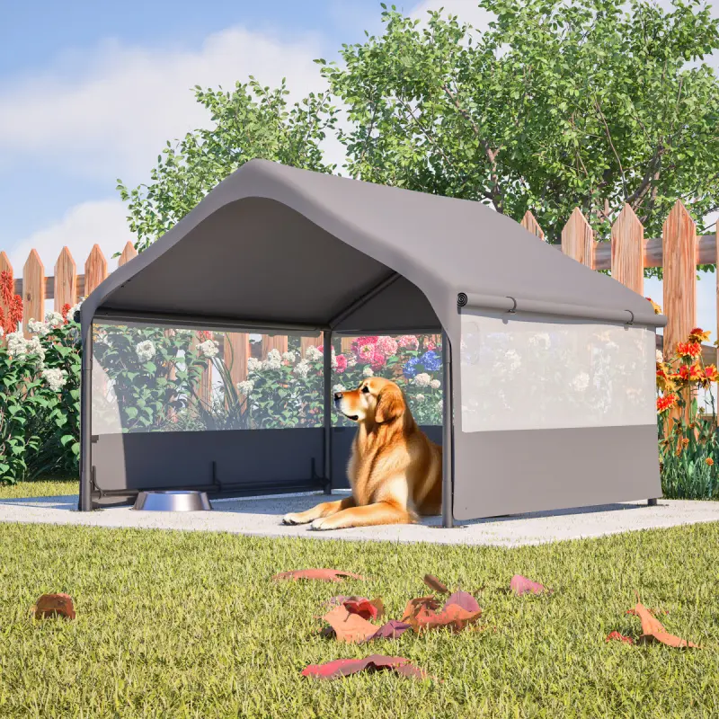 Collapsible All-Weather Cooling Dog Canopy - Collapsible Kennels, Outdoor Playpen Kennels, 47.8"d x 46.61"w x 36"h Oxford Fabric Shelter, Portable Roll-Up Mesh, Windproof Shade, Steel Frame, Ventilation System for Hiking, Camping (6.5kg)
