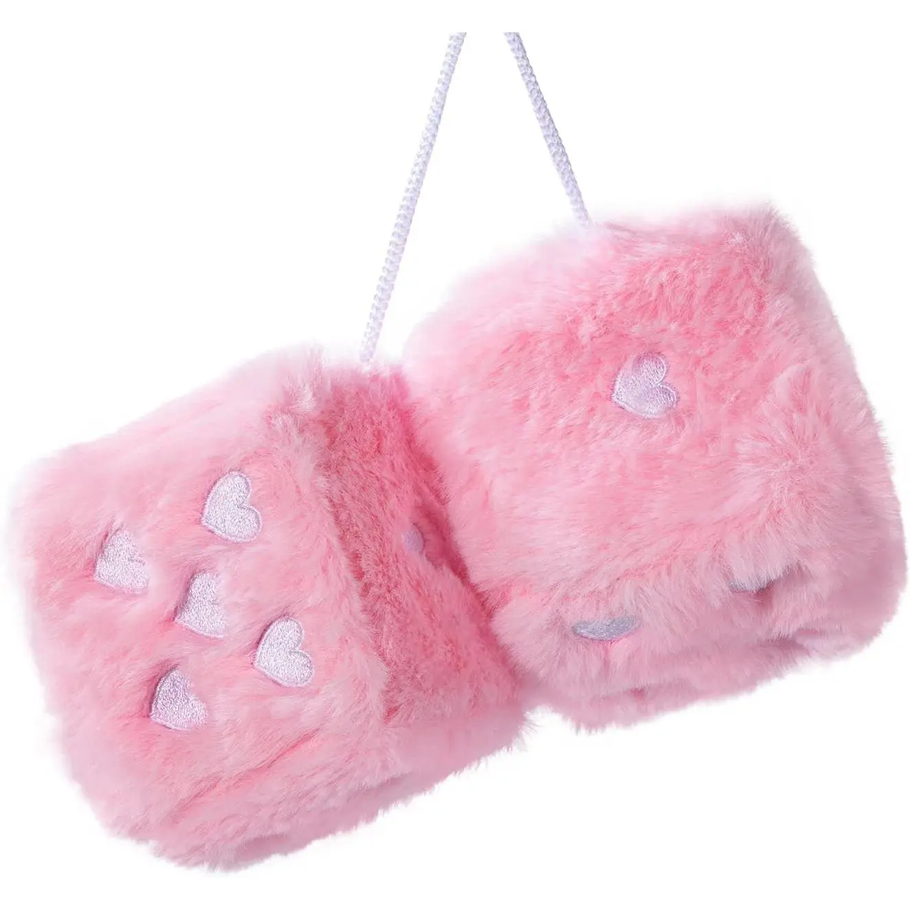 Heart Embroidered Baby Pink Fuzzy Plush Dice - 3-Inch Decorative Car Mirror Hanging Ornaments, Soft Foam, Easy Install, Great Gift Idea (Baby Pink)