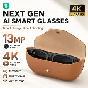 Wearable Audio Smart Eyewear M02X Pro Max with 13MP HD POV Lens for 4K Video Recording, 3 Matching Interchangeable Lenses, Real-Time AI Simultaneous Language Translation, Dual-Mic Noise Cancel Voice Assistant & Leather Fast Charging Case, Wi-Fi 4 Connecti