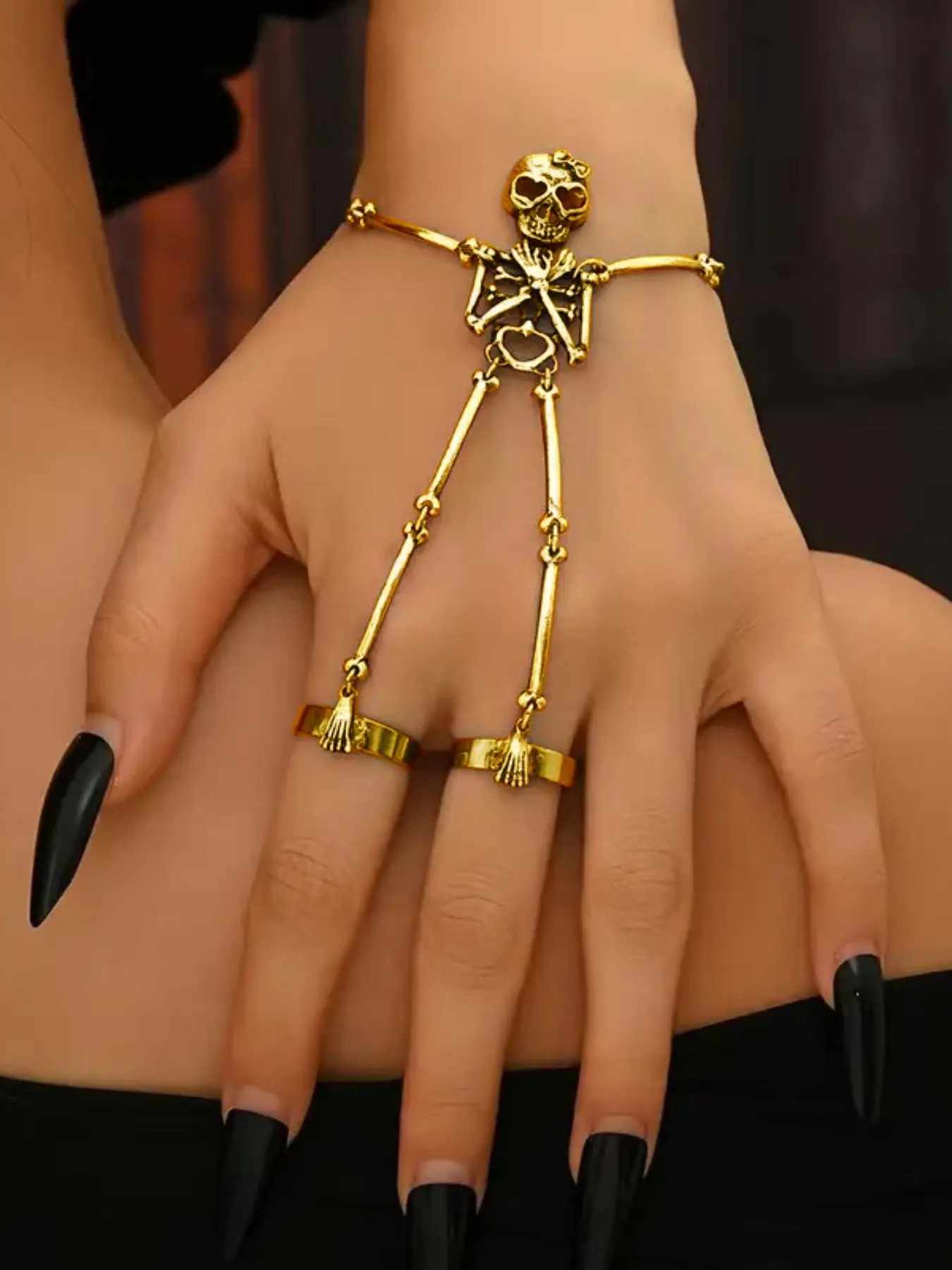 Vintage Golden Skeleton Hand Harness Bracelet With Rings Gothic Skull Full Body Skeleton Slave Bracelet Halloween Punk Statement Hand Jewelry For Women