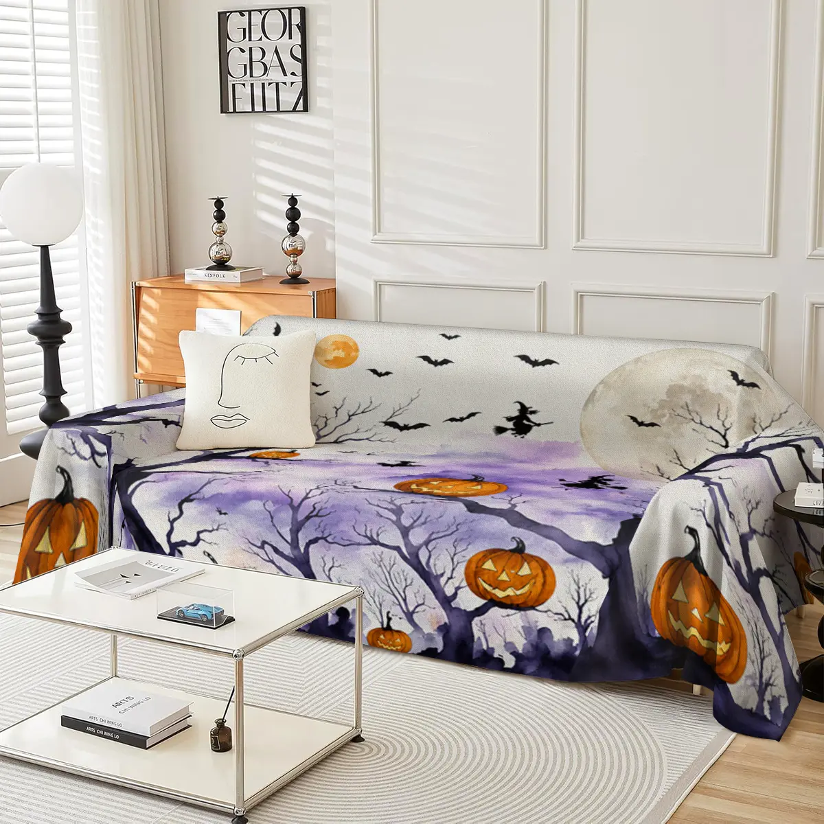Watercolor Moon Night Halloween Forest Sofa Cover Multi functional Sofa Cover Suitable for decorating sofas in bedrooms, single to four seaters, and all seasons