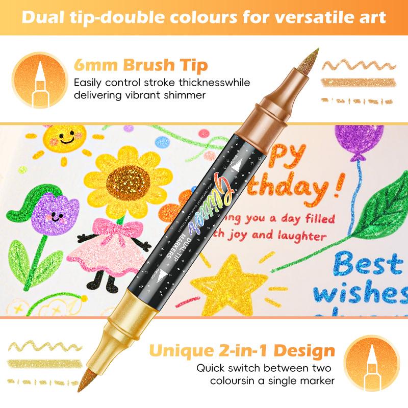 24/48/72/96 Colors Glitter Effect Brush Markers,Dual Tip Dual Color 1-5mm Soft Brush Shimmer Marker for Doodle Writing, Glitter Art Crafts Adults DIY Crafts Greeting Birthday Cards Making, Art Supplies
