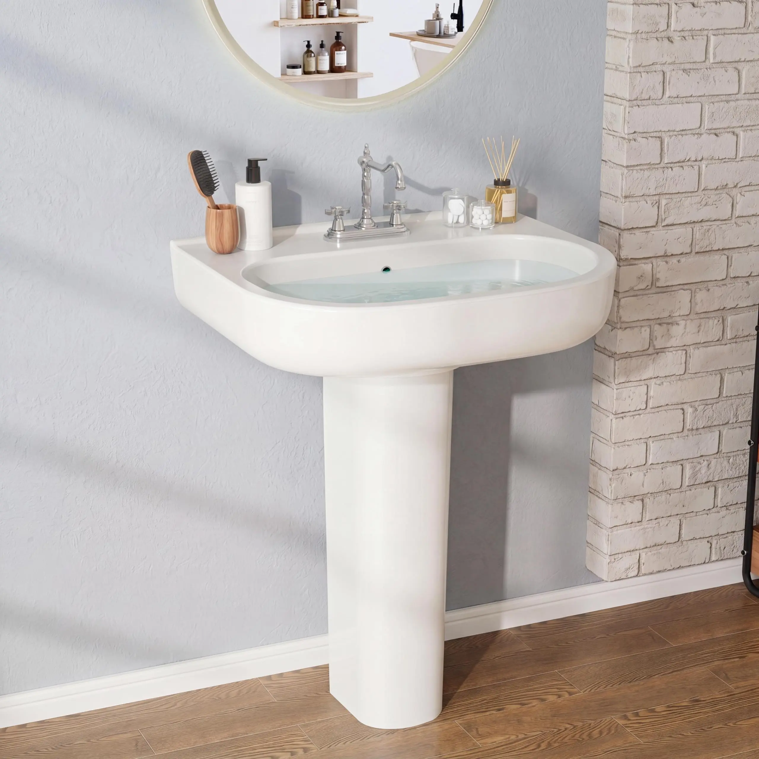 22" x 17" Pedestal Sink – White Ceramic Rectangular Bathroom Vanity with Overflow – Bathroom Pedestal Sink with 3 Pre-Drilled Holes for 4" Faucets or Single Hole Faucet