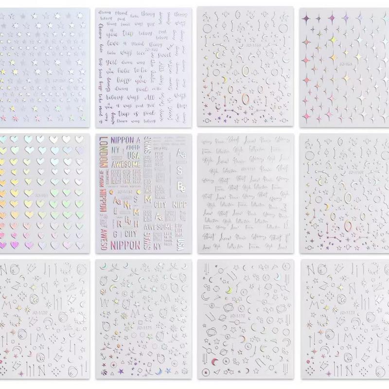Aurora Nail Art Stickers Decals, 12pcs/bag Self-adhesive Nail Art Wraps, Glitter Star Heart Nail Supplies, Nail Art Design Decoration Accessories, Glitter Nails