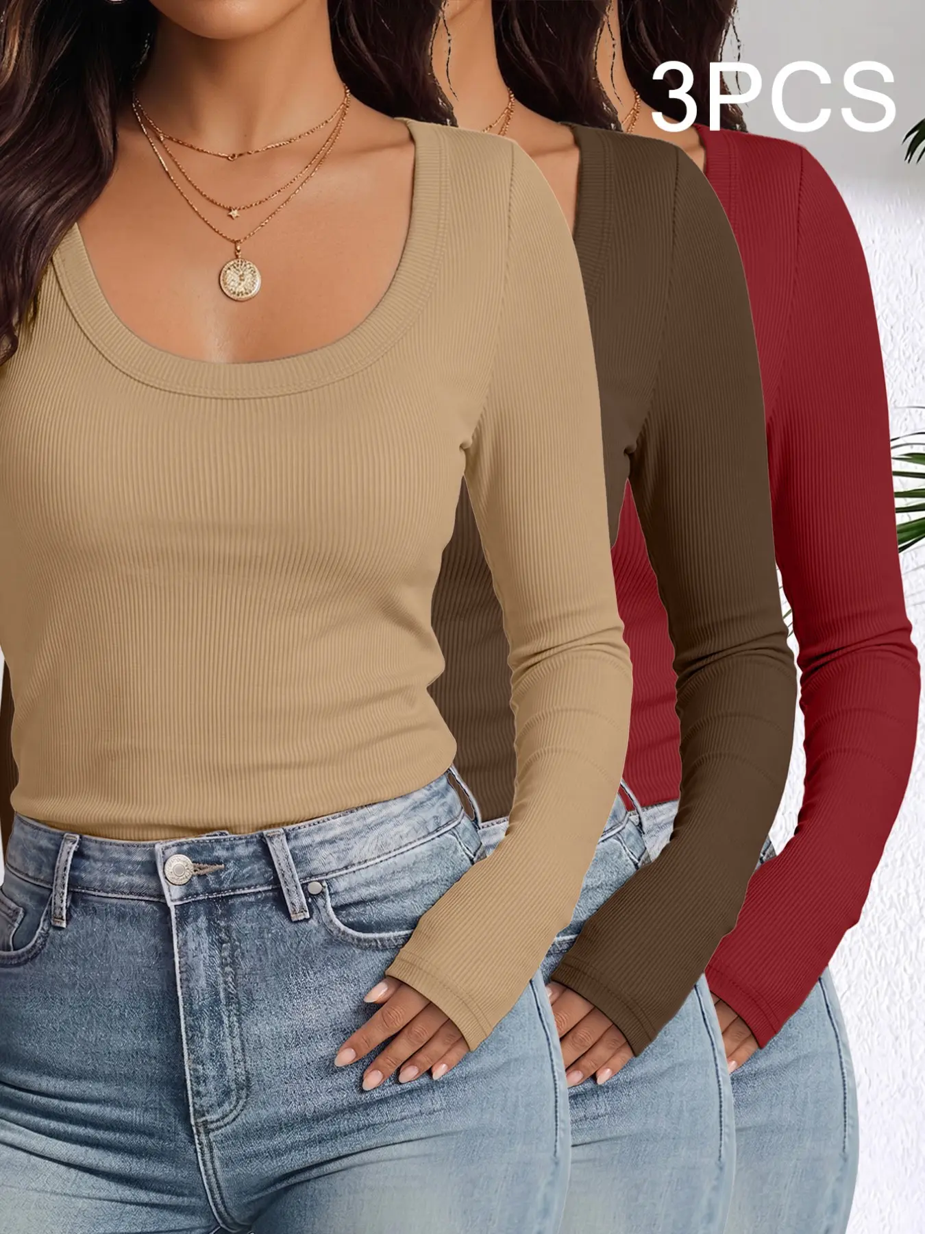 Women's U-Neck Ribbed Long Sleeve T-Shirt 3-Piece Set, Elegant Fitted Top, Solid Color, All Seasons, Plain Surface, Unlined