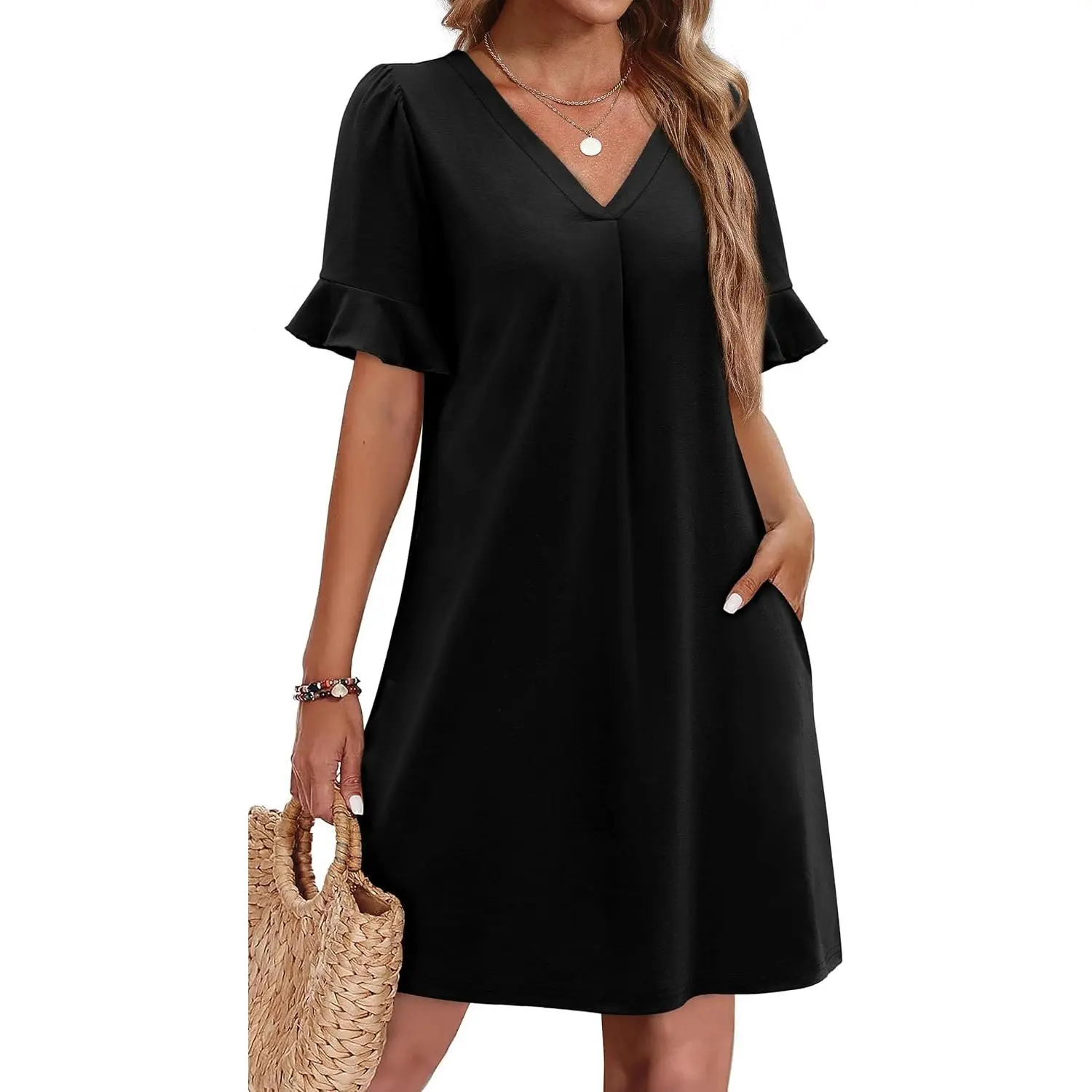Women's Casual Shift Dress, Solid V-Neck Summer Tunic with Ruffle Short Sleeves and Pockets for Casual Wear, Tunic Dress, Ruffled, Ruffles, Clothes