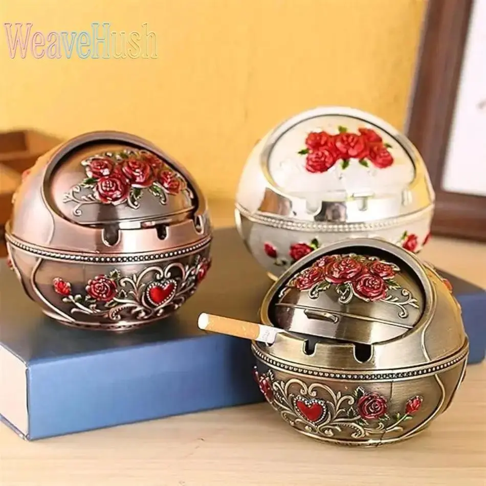 Vintage Rose Embossed Metal Ashtray with Peacock Lid, Windproof Round Home Decor Ornament for Indoor Use, Ornaments, Tabletop, Indoor Room