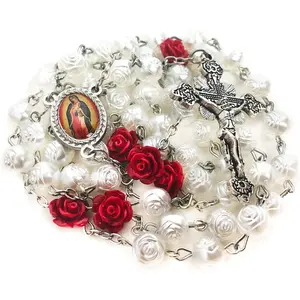 Our Lady of Guadalupe Pearly Rose Rosary Beads Catholic for Women - Catholic Gifts - Rosary Necklace for WomenGift.