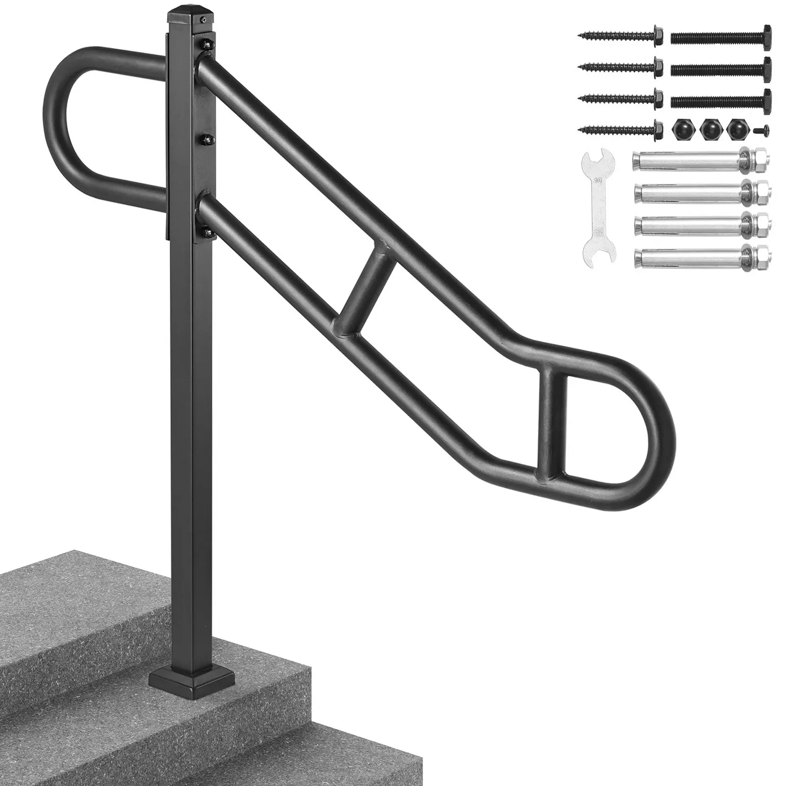 【DealsForYouDays】VEVOR Single Post Handrail for Outdoor 1-3 Steps, 40.5" Lx 35.4" H Metal Bent Stair Handrails, Floor Mounted Carbon Steel Stair Railing, U-Shaped Post Grab Rails with 2 Anti-Skid Crossbar for Garage
