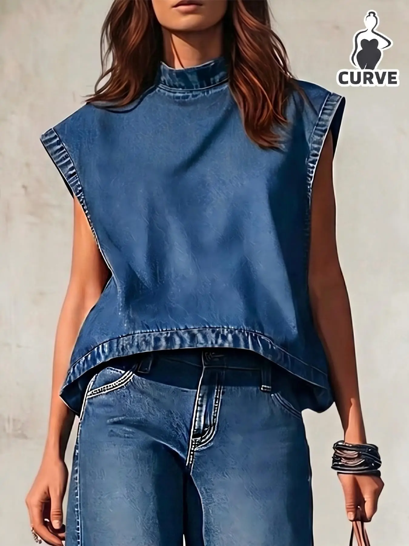Plus Size Half Sleeve Denim Tank Top for Women, Loose Fit Vintage Washed Blue Denim Vest, Comfortable Casual Upper Garment