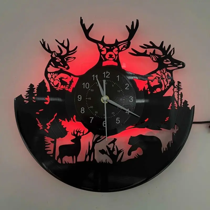 Vintage Forest Deer Vinyl Wall Clock, Christmas & Easter Themed Seven-Color LED Display, Home & Office Decor, Unique Bar Decoration