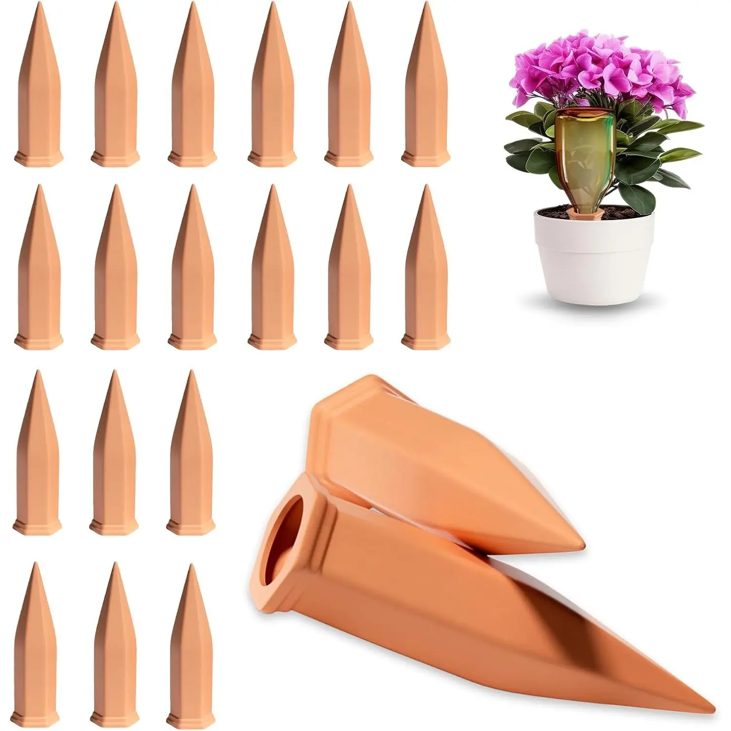 20 Pack Terracotta Plant Watering Spikes, Self-Watering Stakes for Wine Bottles, Porous Clay, Reusable (Red A)