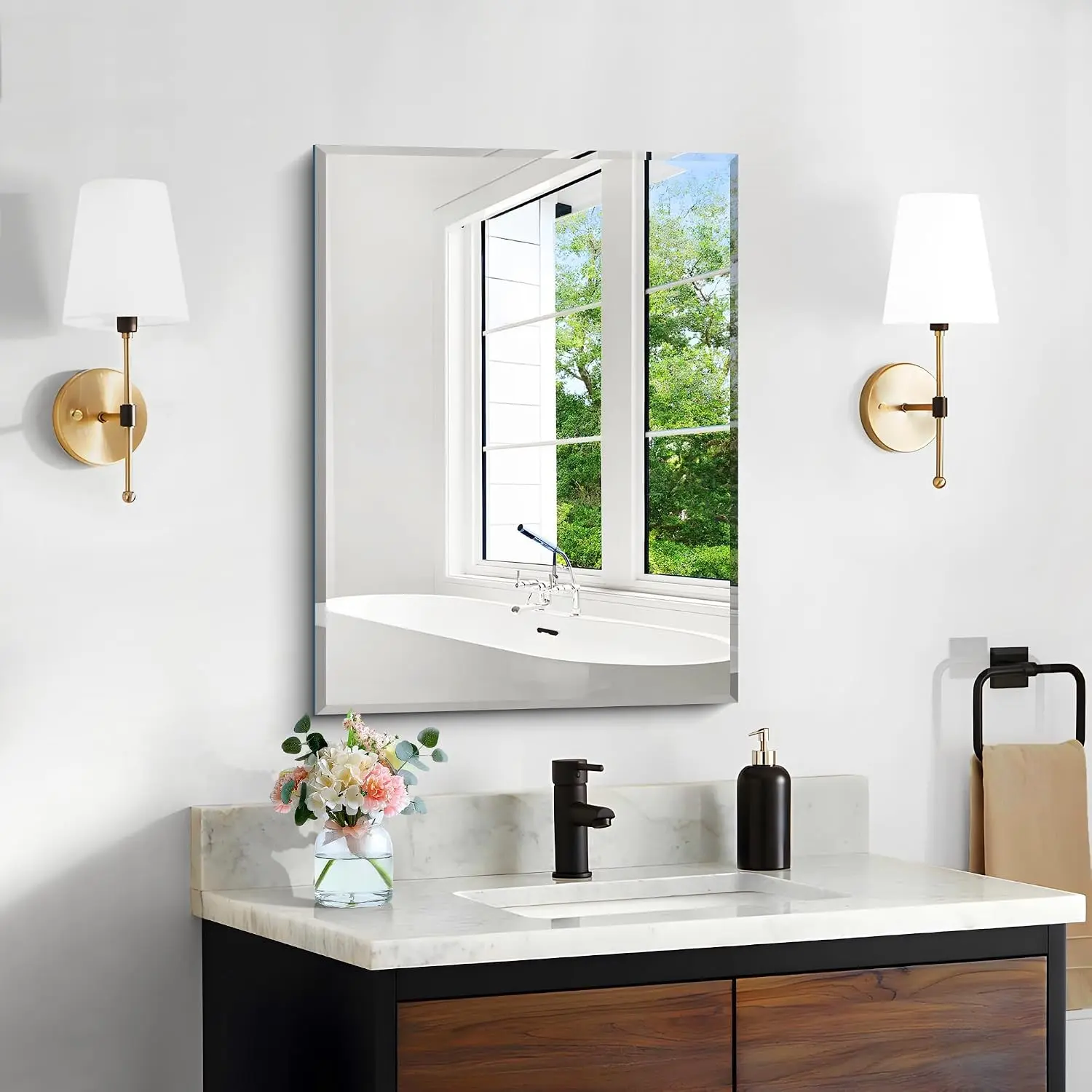 Beveled Mirror, 18x24 Frameless Beveled Bathroom Mirrors for Wall, 3mm Tempered Glass Rectangle Vanity Mirror with Beveled Edge, Crystal-Clear, Hangs Horizontally or Vertically