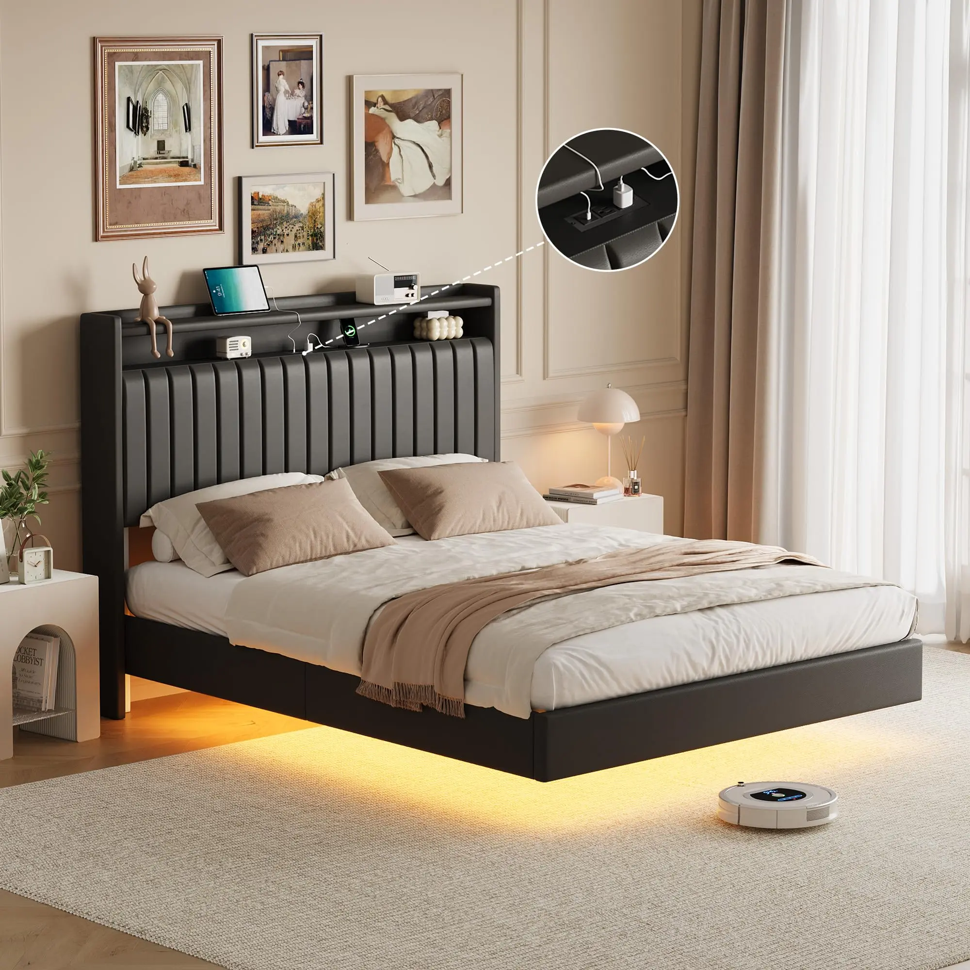 GARVEEFloating Bed Frame with RGB LED Lights and Charging Station, Upholstered Platform with Storage Headboard, 50" Tall Leather Headboard, Queen and Full Sizes, Black, No Box Spring Needed