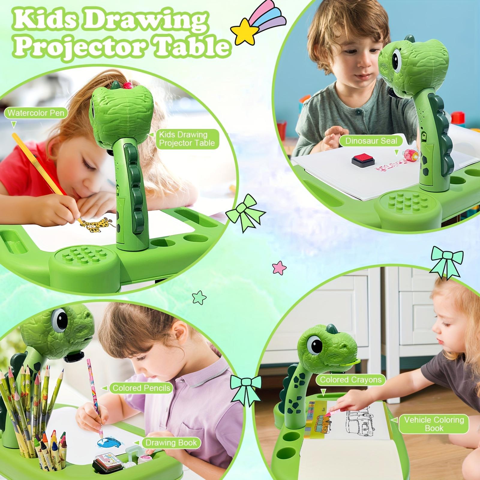 Dinosaur Theme Children's Drawing Projector Set - Green ABS Art and Craft Kit with LED Lights, Pencils, Watercolor Pens, Crayons, Scrapbook, Sticker Book, etc. - Suitable for Boys Aged 3 and Above