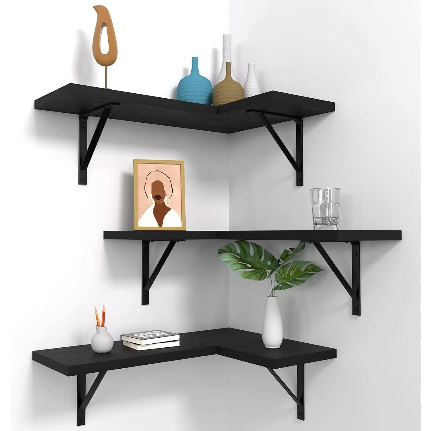 Corner Floating Shelves Wall Mounted, Black, Set of 3 | Gothic Style Shelves for Room Wall, Home Decor For Living Room Bedroom Office Kitchen Bathroom