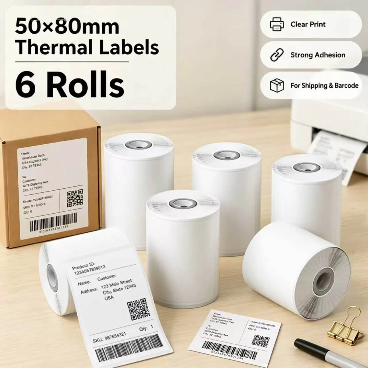 Pack of 6/12 rolls of 50 x 80mm multi-purpose thermal self-adhesive labels; compatible with label printers such as the M110, M221, and M120 (not compatible with Niimbot); suitable for barcodes, addresses, and price tags.