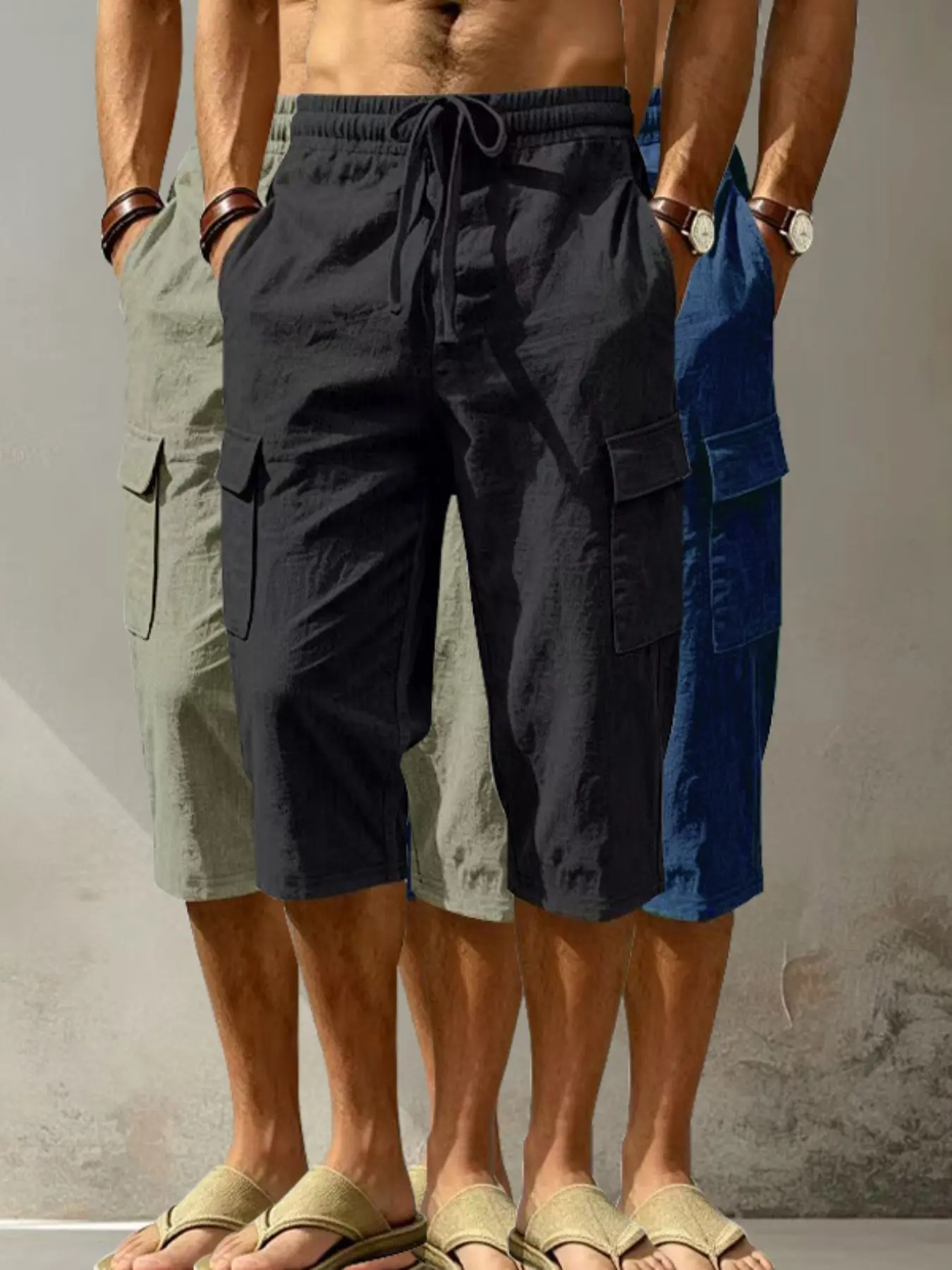 Men's Summer Linen Shorts, Loose Fit Casual Outdoor Workwear, Multi-Pocket 7/8 Inch Pants, Wholesale Three-Pack, Comfortable and Stylish, Drawstring Casual Shorts