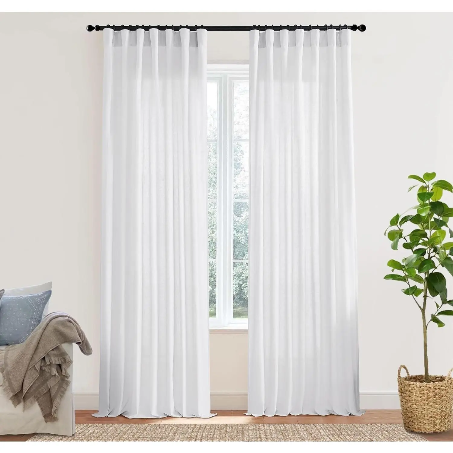 Home Simple White Linen Sheer Fabric Window Covering, 2-Panels Set Back Tab Drapes (50in x 92in) for Living Room Bedroom, Two Panels