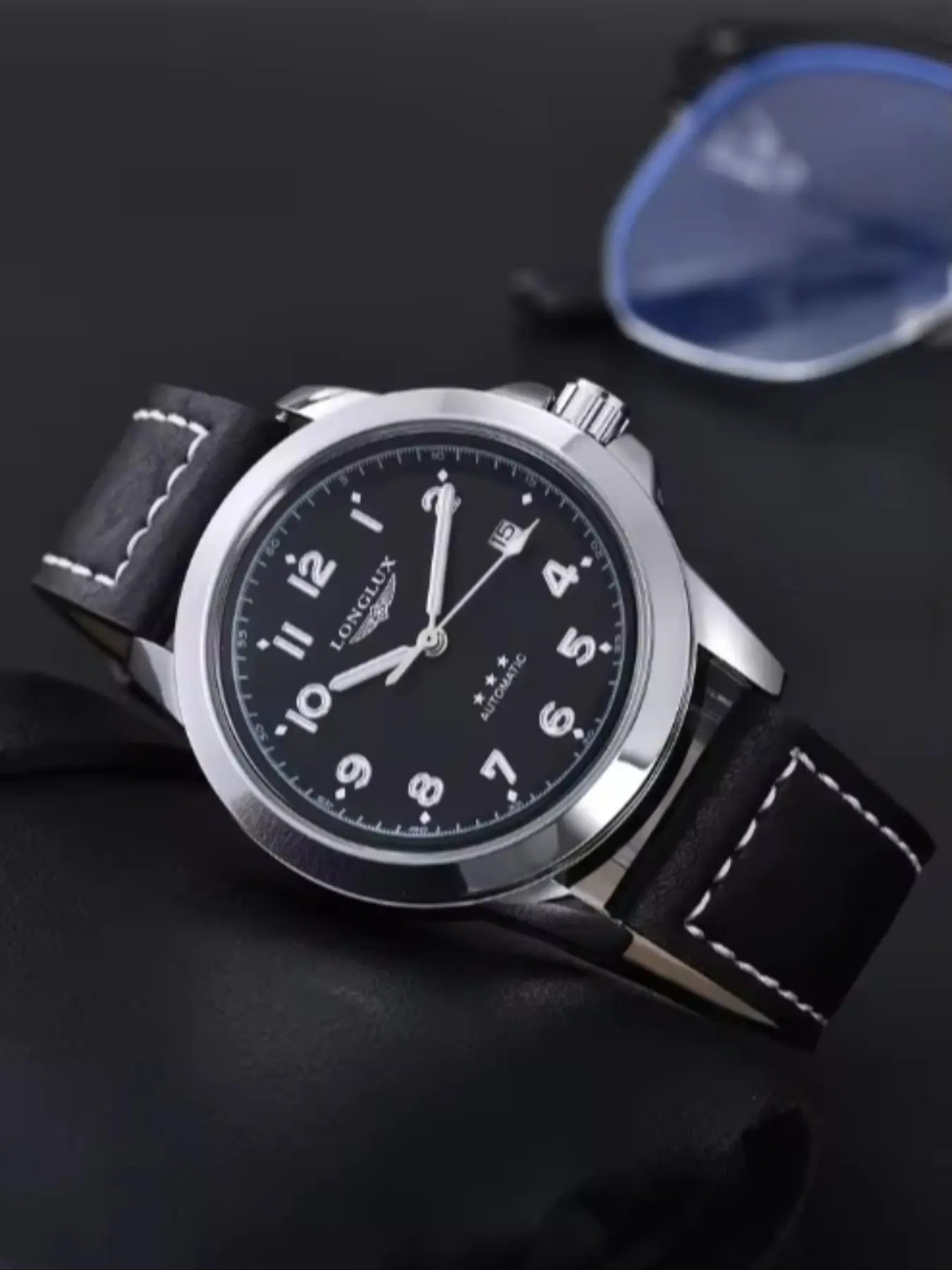 Military Style Automatic Mechanical Men's Watch, Luminous Dial Calendar Waterproof Skeleton, Leather Strap Business Casual Vintage Pilot Watch