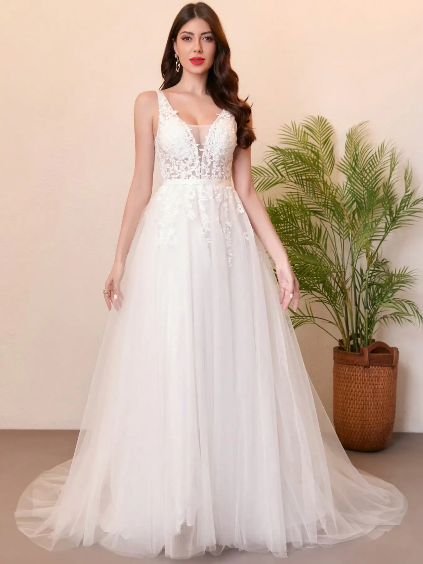 Deep V Lace Embroidered Wedding Dress with 3D Floral Design, Long Sleeve Bridal Gown, Elegant and Chic, Perfect for Special Occasions