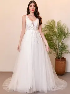 Deep V Lace Embroidered Wedding Dress with 3D Floral Design, Long Sleeve Bridal Gown, Elegant and Chic, Perfect for Special Occasions
