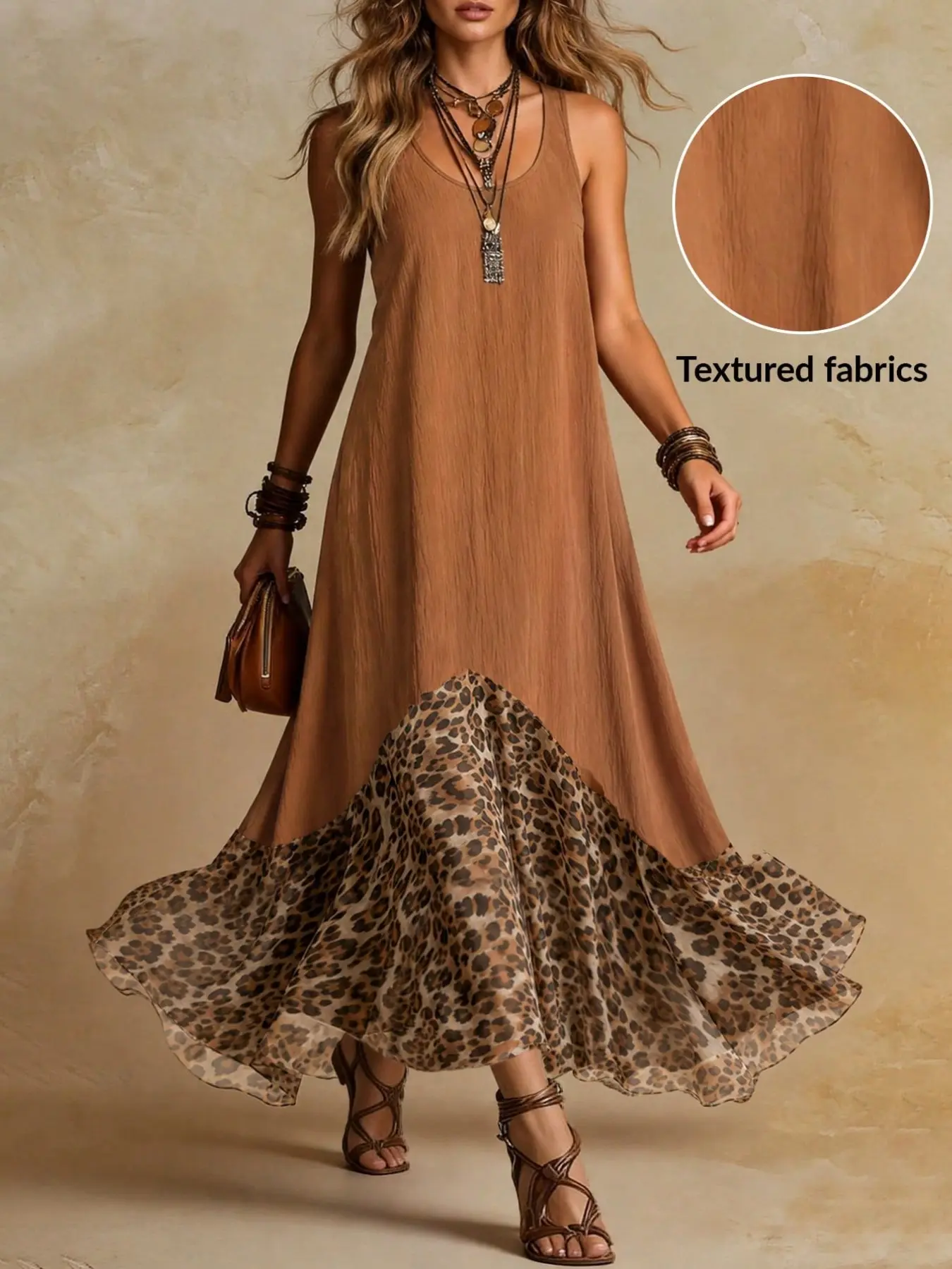 Women's Summer Casual Wear Retro Bohemian Patchwork Leopard Print Maxi Dress for Elegant Vacation and Music Festival Outfits