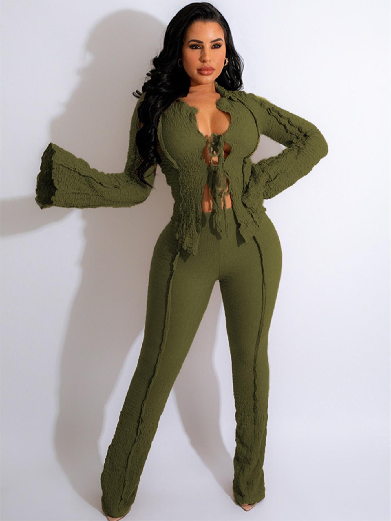 Two-Piece Set Women's Solid Tie Front Flounce Sleeve Blouse & Pants Set, Casual Fashion Cozy Top & Trousers for Daily Outdoor Wear, Ladies Clothes for All Seasons, Womenswear