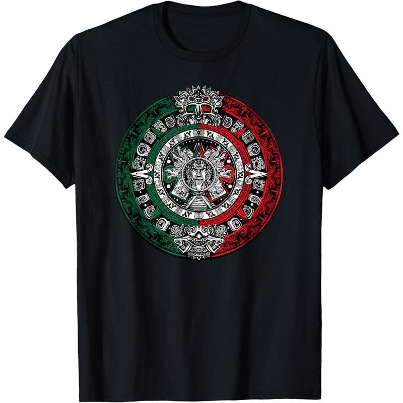 Aztec Calendar - Azteca Sun Stone - Mexico Flag T-Shirt