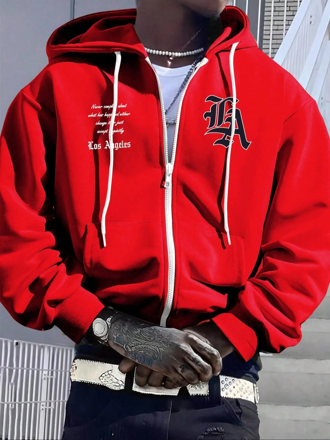 Men's American Style Gothic Letter Print Zipper Hoodie, Loose Drop Shoulder Sweatshirt, Streetwear Casual Outerwear for Spring & Fall