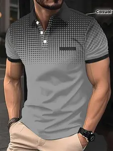 Gradient Dot Print Polo, Short Sleeve Fitted Casual Shirt, Breathable Business Men's Top, Border Design